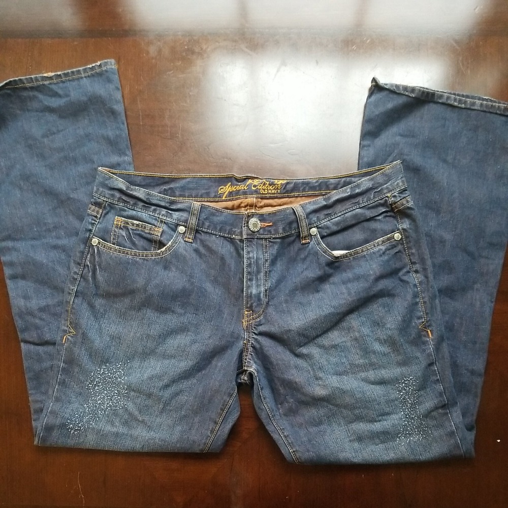 Old‎ Navy Special Edition 16 Blue Orange Stitch Bootcut Jeans Denim Distressed